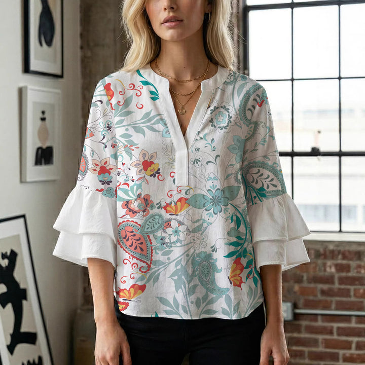Ladies elegant top with voluminous ruffle hems and floral design Lisslune