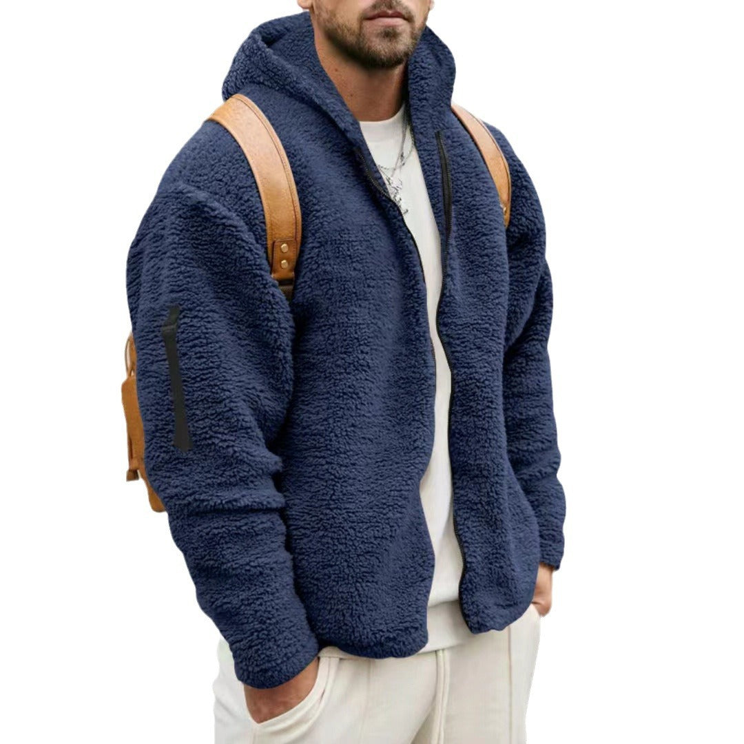 Men's fleece long jacket with hood and practical pockets Lisslune
