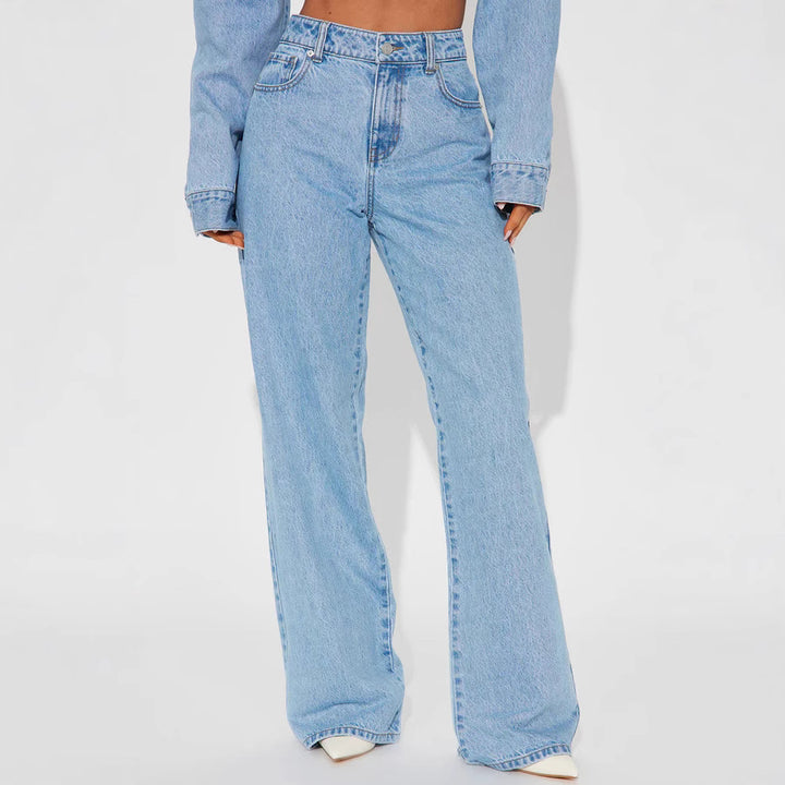 Damen Weite High-Waist Jeans mit klassischem Schnitt und ausgefransten Säumen Lisslune