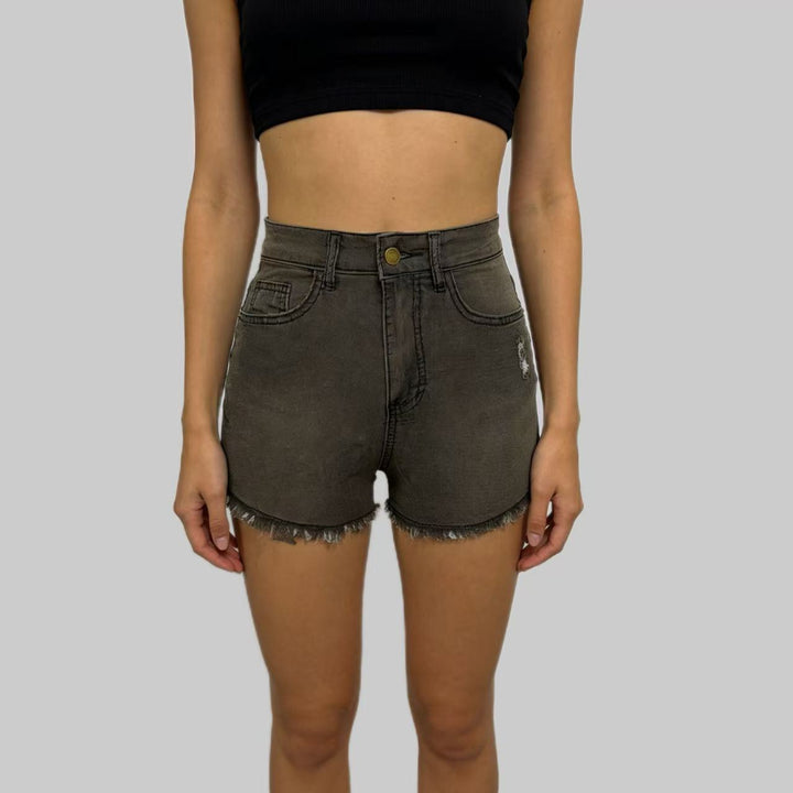 Women's High-Cut Denim Shorts in Trendy Fringe Look Lisslune
