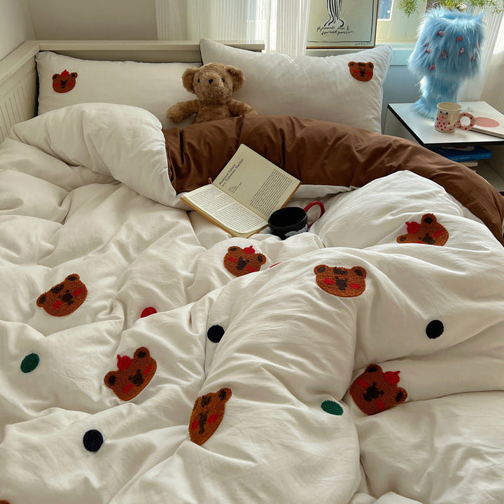 Rynx | Spring and Summer In the Girl's Heart Maillard Coffee Bear Towel Embroidered Washed Cotton Bed Sheet 1.5M Three or Four Piece Set 1.8