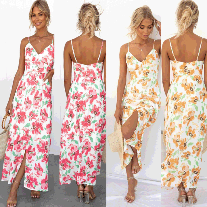 Ladies summer maxi dress with elegant V-neck and high slit Lune London