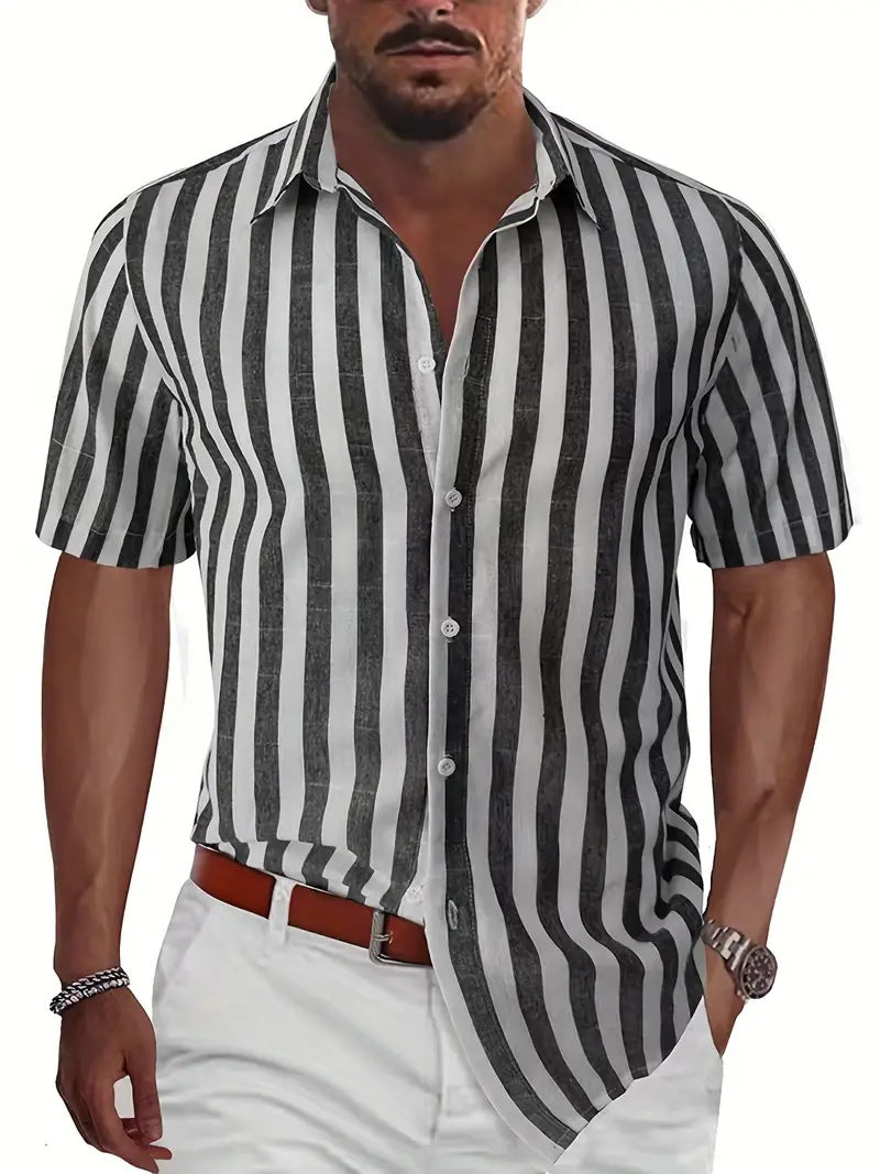 Men's Shirt Made of Lightweight, Breathable Cotton-Linen Blend with Modern Stripe Pattern Lisslune