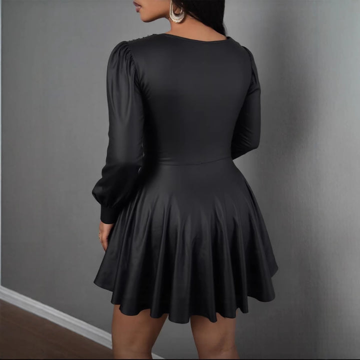 Damen elegantes Minikleid mit tiefem V-Ausschnitt und voluminösen Puffärmeln Lisslune