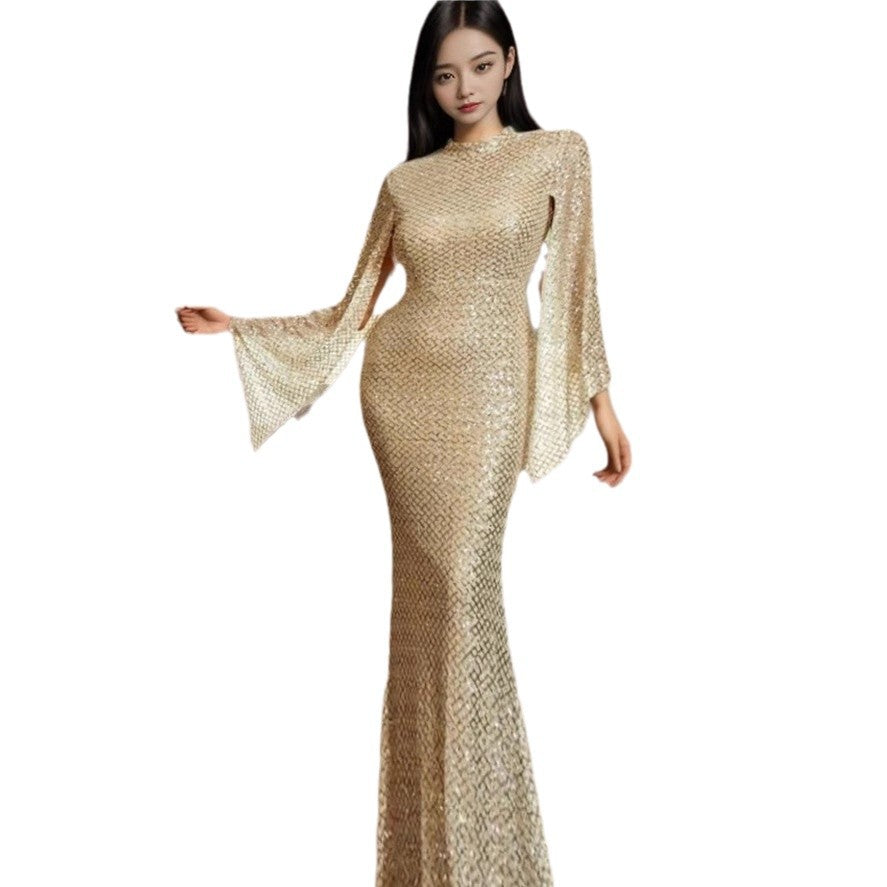 Ladies Glamorous Sequin Evening Dress with Flowing Sleeves Lisslune