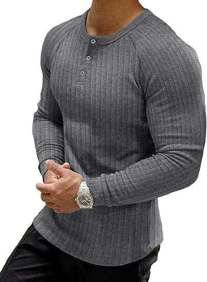 Men's long-sleeved ribbed T-shirt with button placket Lisslune