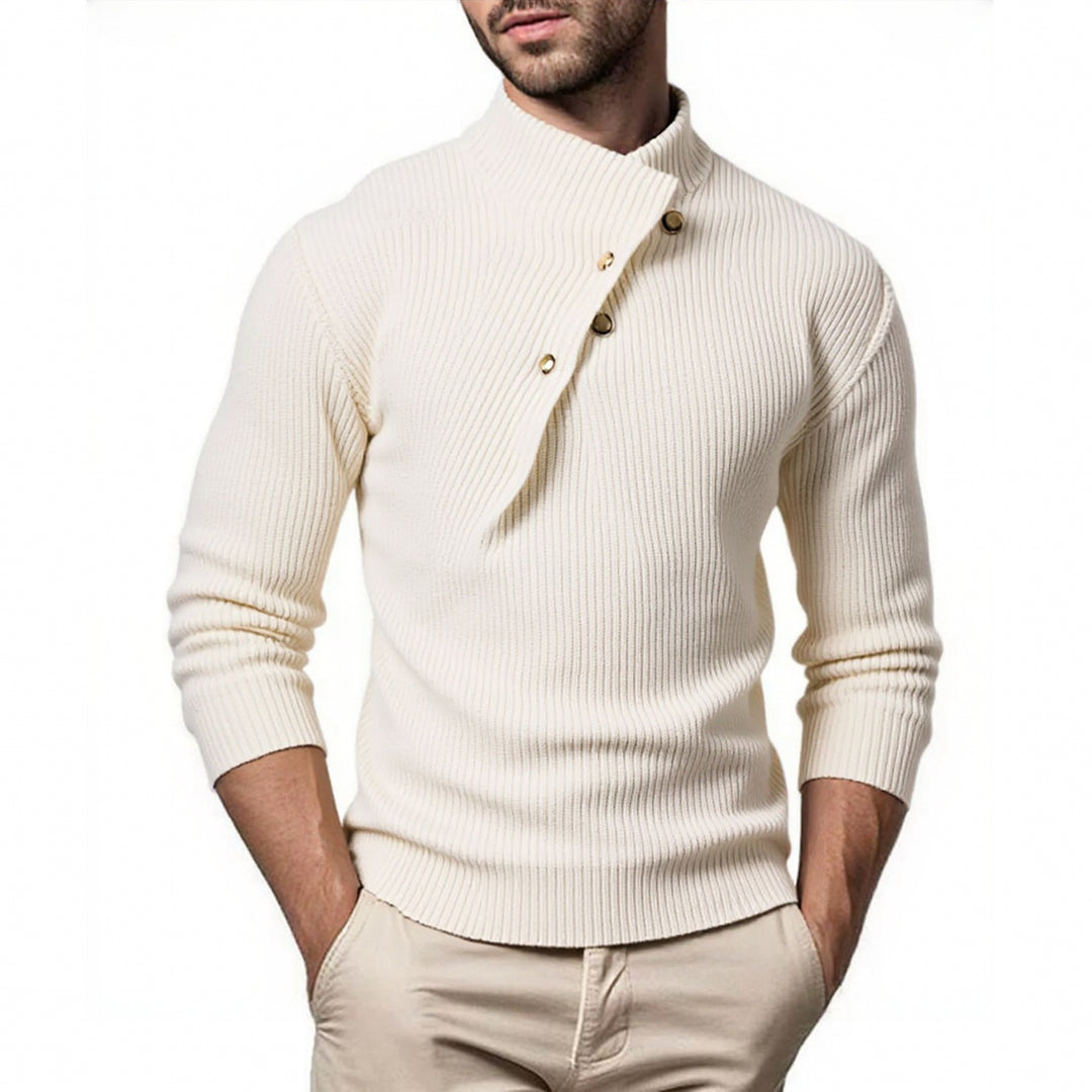 Men's fashionable knit sweater with stand-up collar and asymmetrical button placket Lisslune