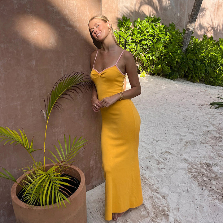 Women's maxi dress with narrow spaghetti straps and elegant cut