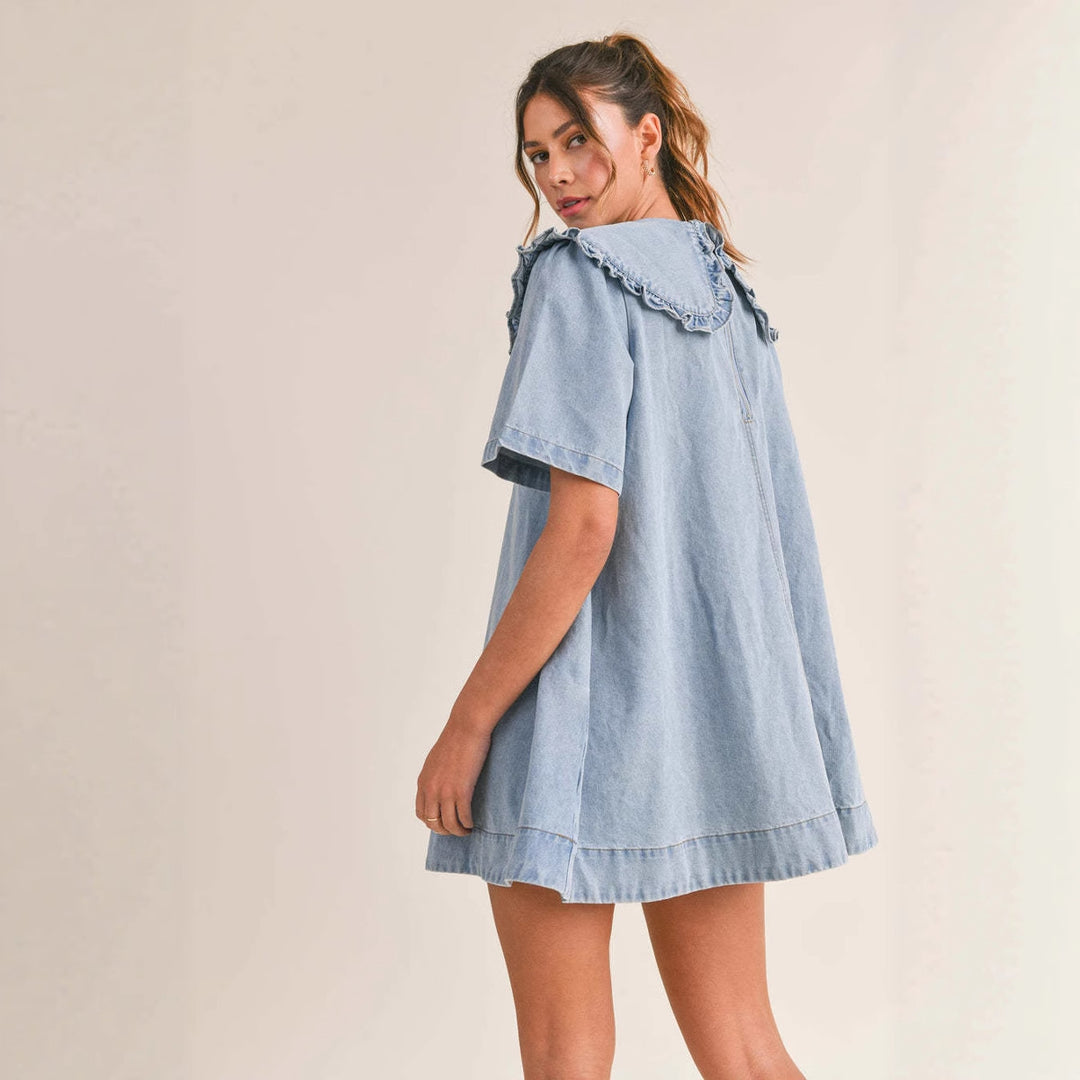 Women's denim dress with elegant ruffled collar finish Lisslune