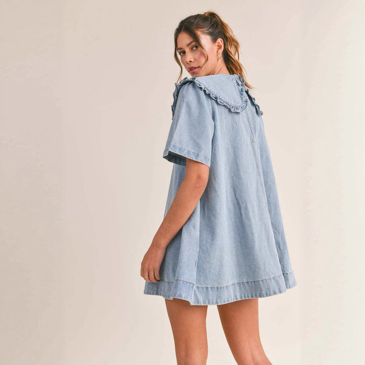 Women's denim dress with elegant ruffled collar finish Lisslune