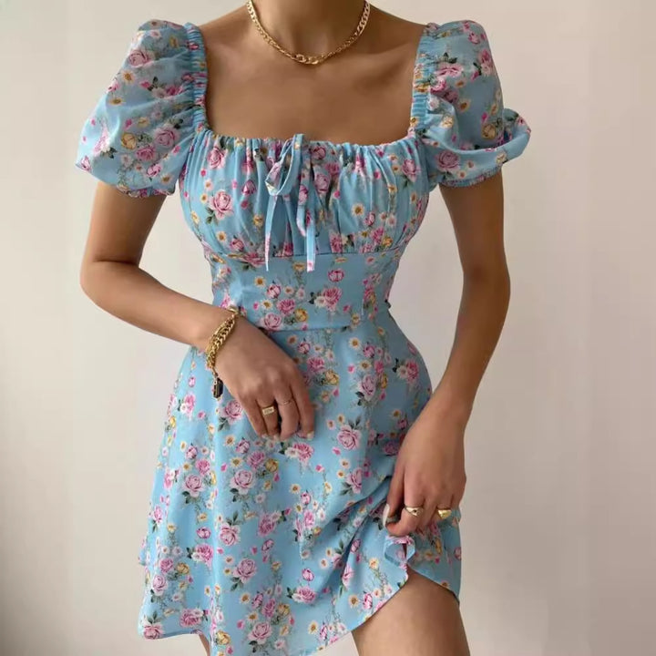 Ladies mini dress with voluminous puff sleeves and floral pattern Lisslune