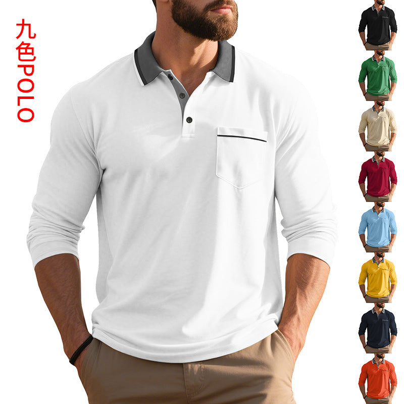 Men's Long Sleeve Polo Shirt with Fashionable Collar and Chest Pocket Lisslune