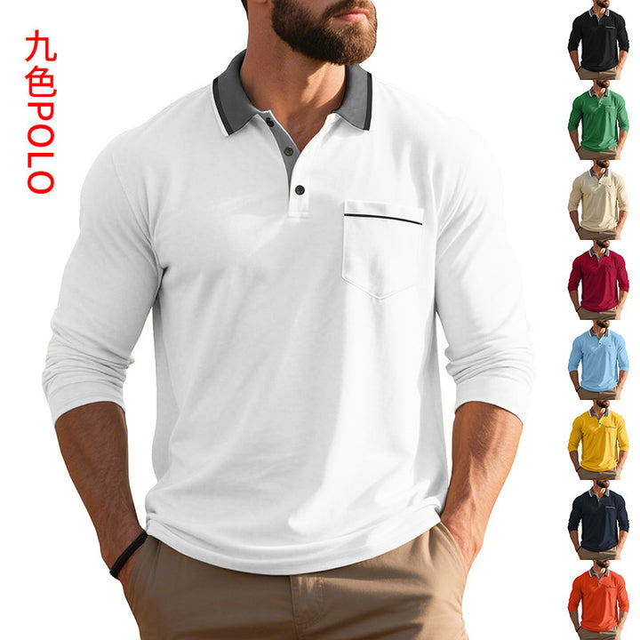Men's Long Sleeve Polo Shirt with Fashionable Collar and Chest Pocket Lisslune