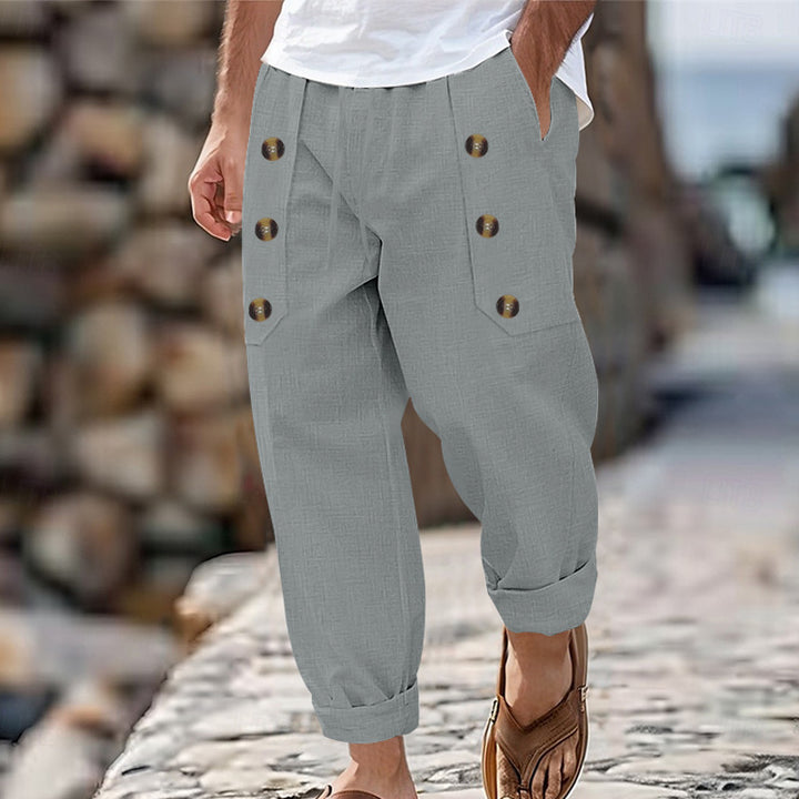 Men's Comfortable Linen Pants with Side Buttons and Elastic Waistband Lisslune