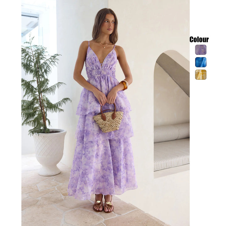 Women’s maxi dress with voluminous ruffle layers and V-neck