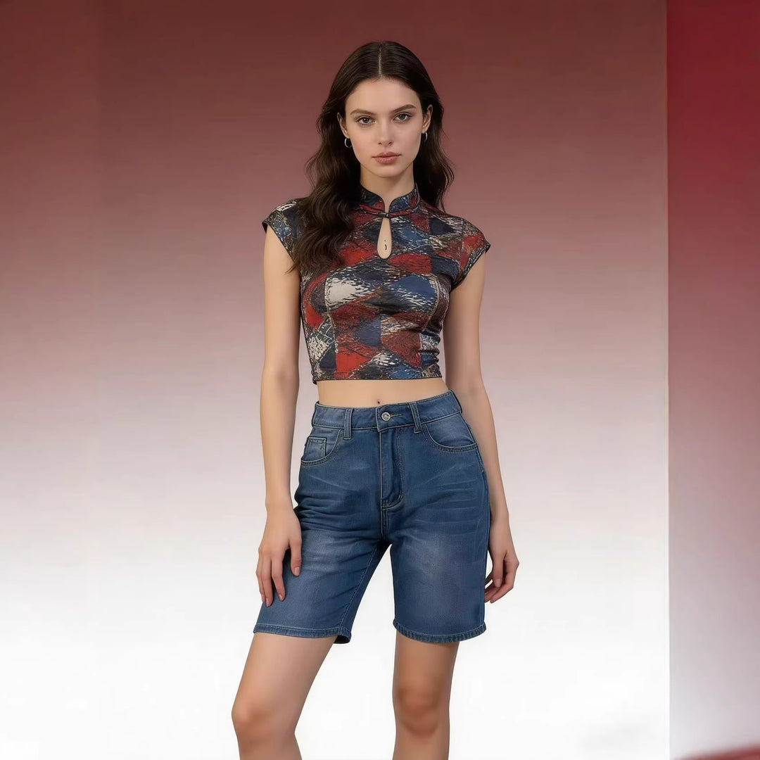Women's fitted cropped top with stand-up collar and short sleeves Lisslune