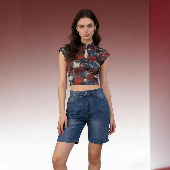 Women's fitted cropped top with stand-up collar and short sleeves Lisslune