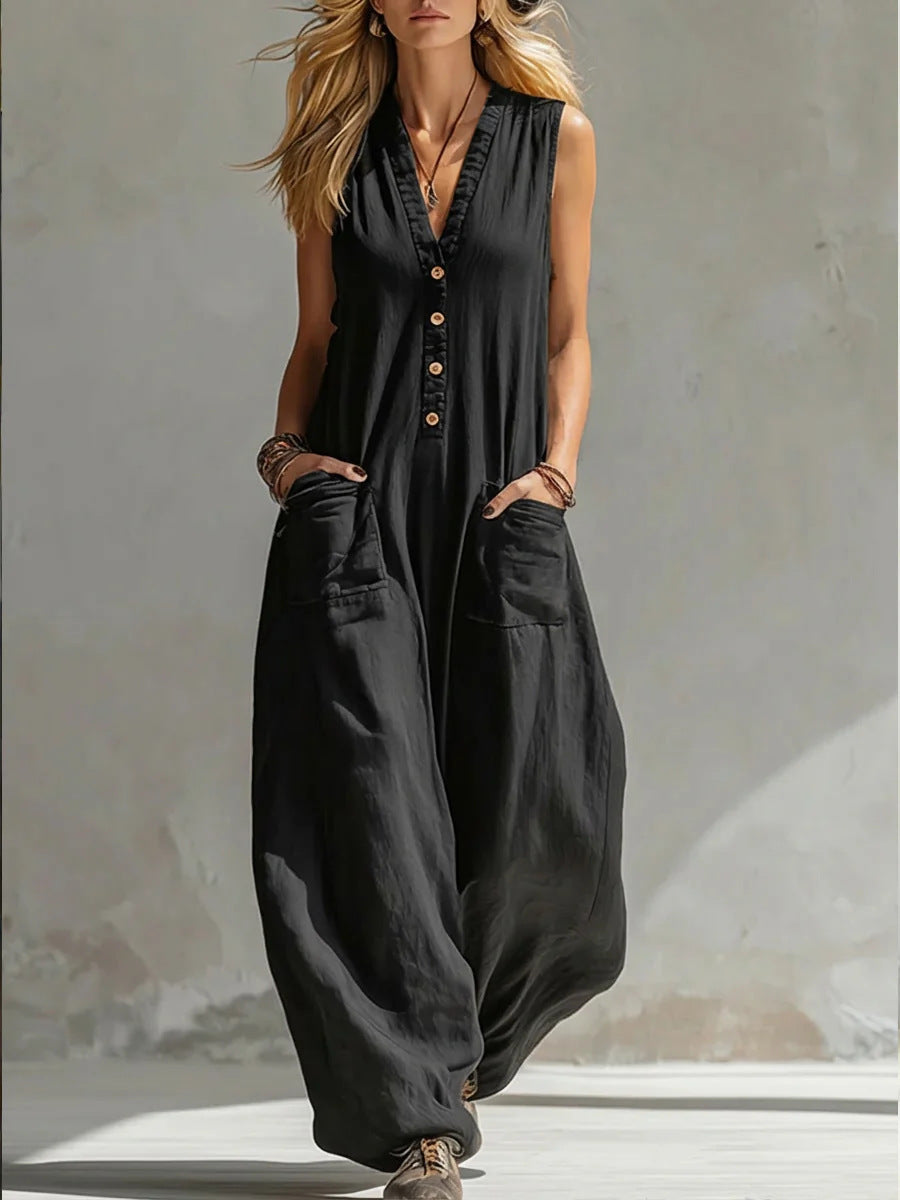 Damen Jumpsuit mit tiefem V-Ausschnitt und praktischen Taschen Lisslune