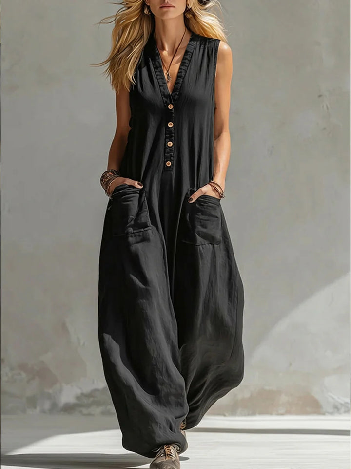 Damen Jumpsuit mit tiefem V-Ausschnitt und praktischen Taschen Lisslune