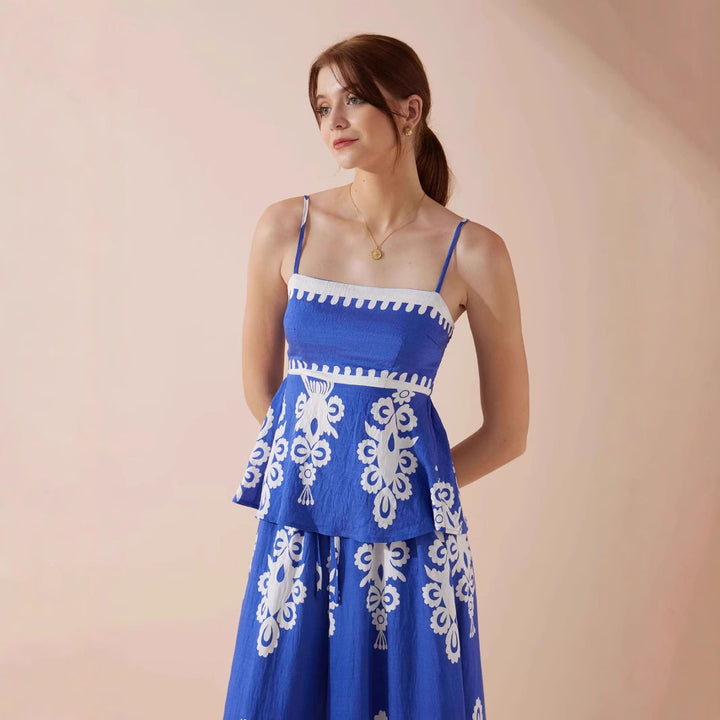 Ladies Peplum Top with delicate straps and artistic pattern Lune London