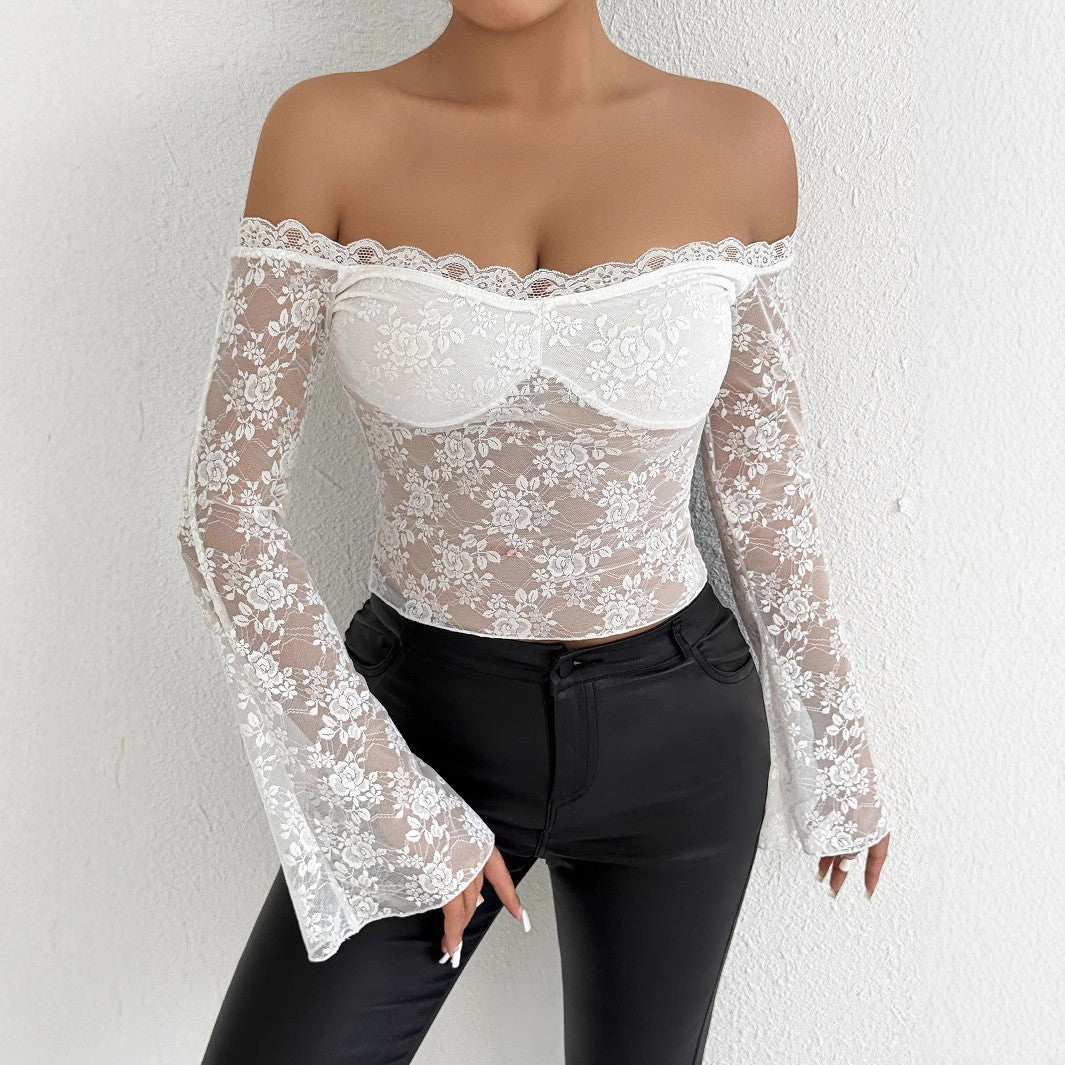 Damen Spitzenoberteil mit schulterfreiem Design und eleganten Trompetenärmeln Lisslune