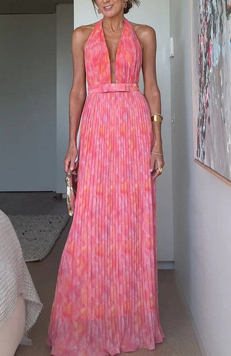 Ladies Pleated Maxi Dress with Deep Neckline and Elegant Belt