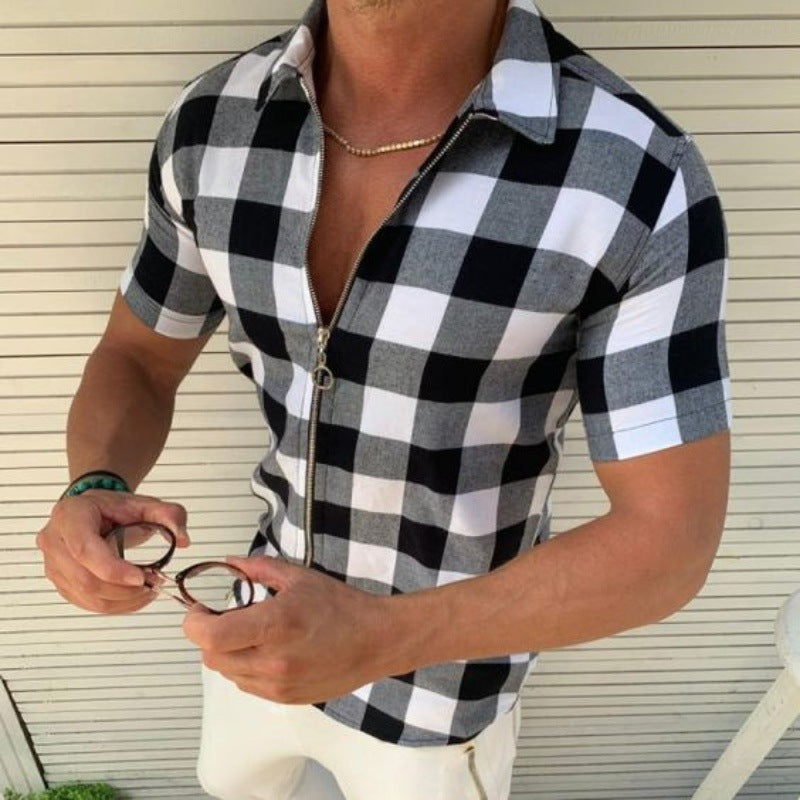 Men's short-sleeve shirt with modern check pattern and casual zipper Lisslune