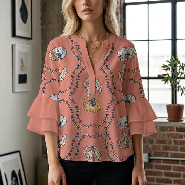 Women's blouse with voluminous ruffle sleeves and creative floral design Lisslune