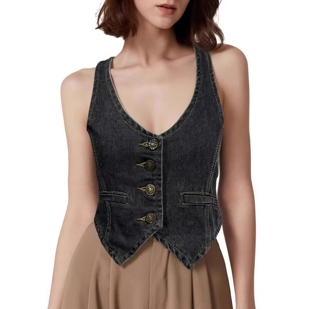 Women's Denim Bustier Top with Button Details and Extended Silhouette Lisslune