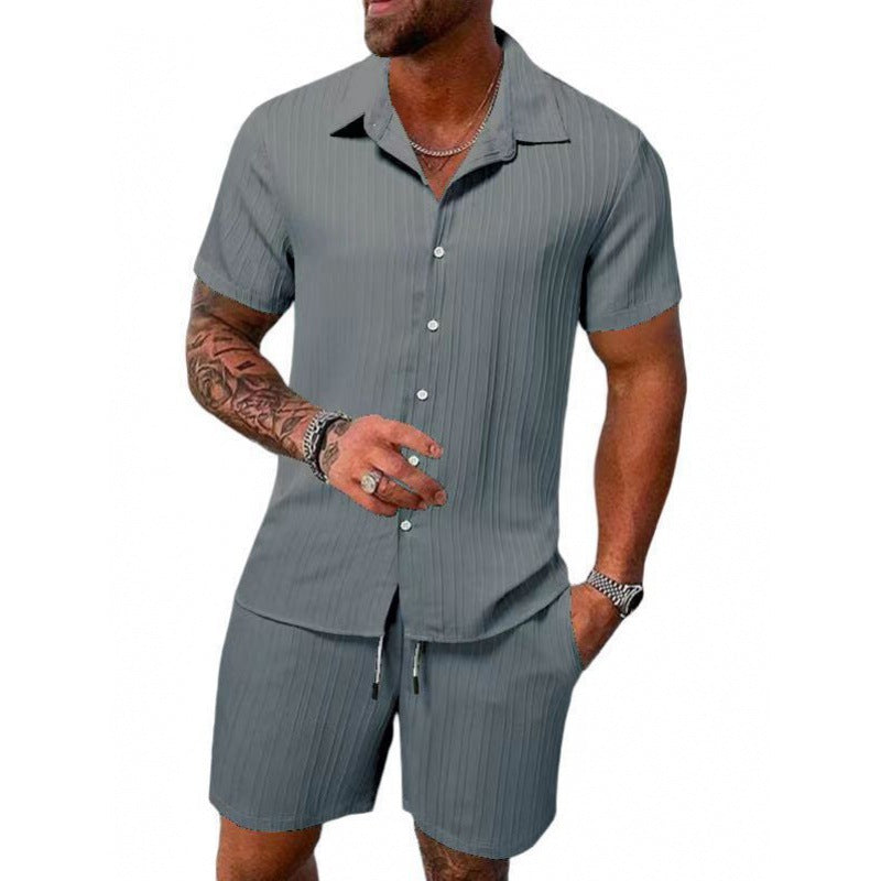 Men's short-sleeve leisure suit with textured design and elastic waistband Lisslune