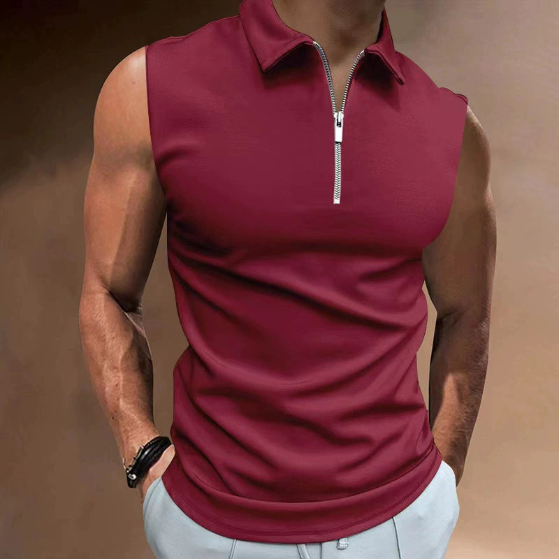Men's Short Sleeve Polo Shirt with Modern Stand-Up Collar and Functional Zipper Lisslune