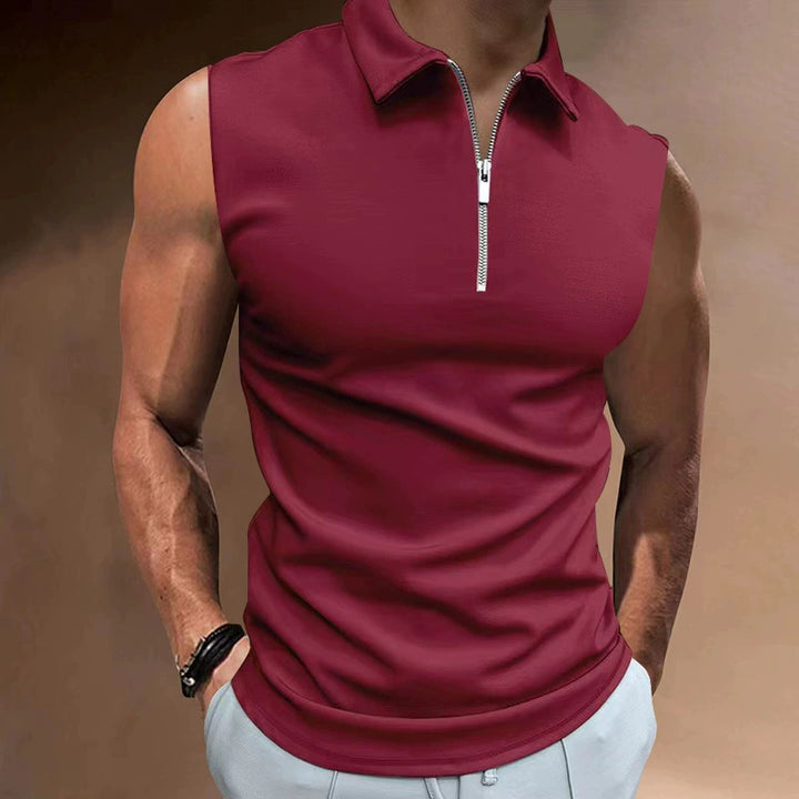 Men's Short Sleeve Polo Shirt with Modern Stand-Up Collar and Functional Zipper Lisslune