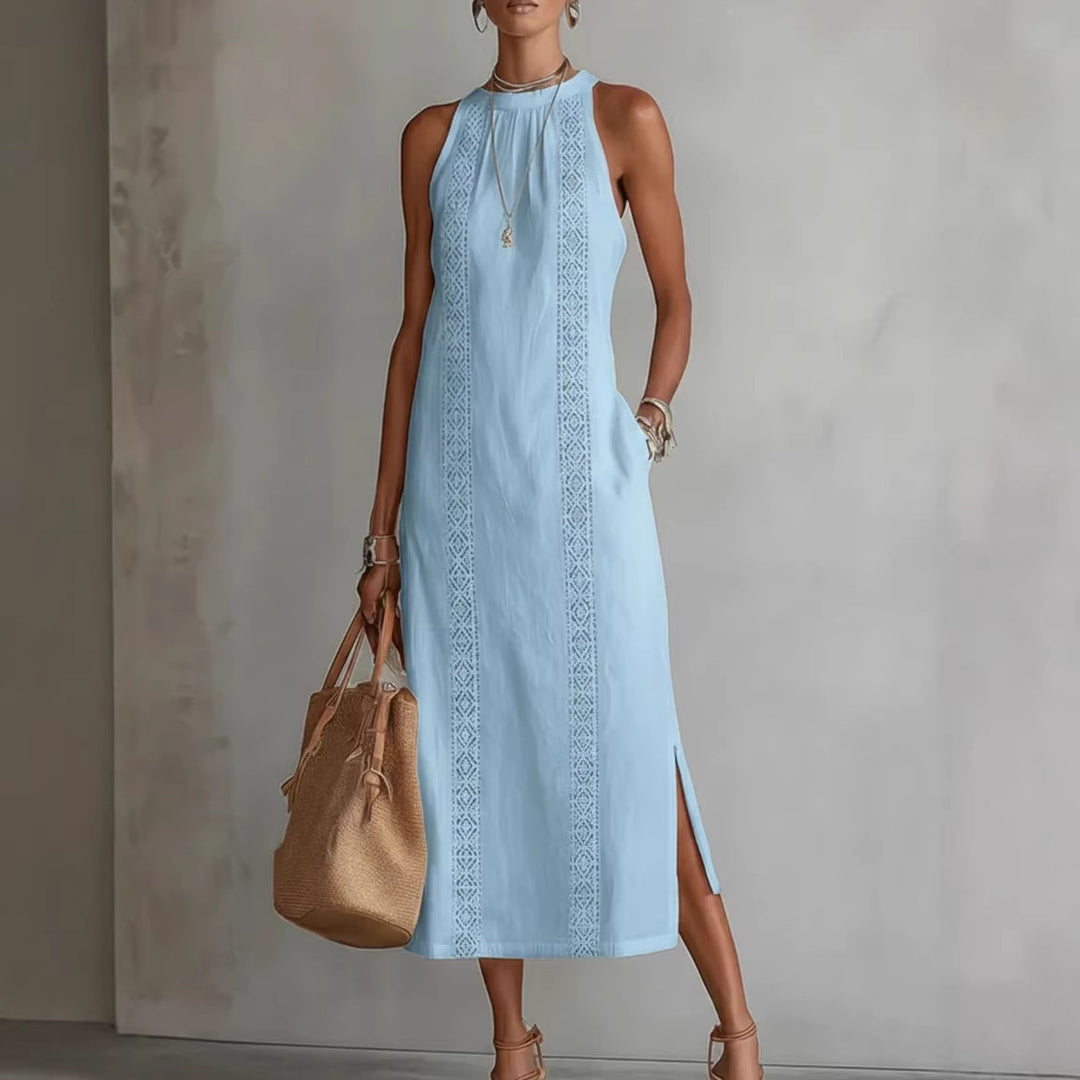 Damen Elegantes Sommer-Maxi-Kleid mit Spitzenapplikation und seitlichem Schlitz Lisslune