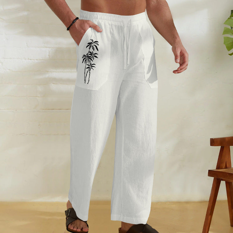 Men's Comfortable Linen Pants with Practical Drawstring and Palm Print Lisslune