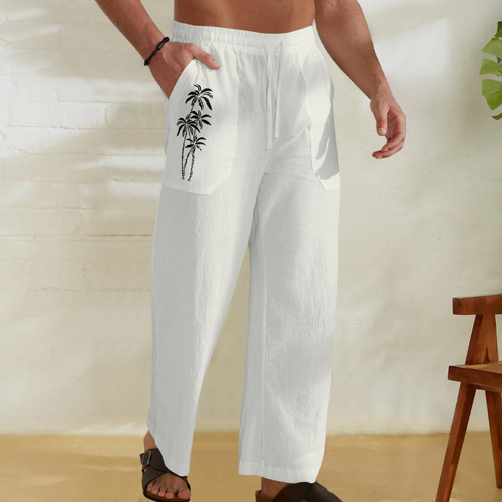 Men's Comfortable Linen Pants with Practical Drawstring and Palm Print Lisslune