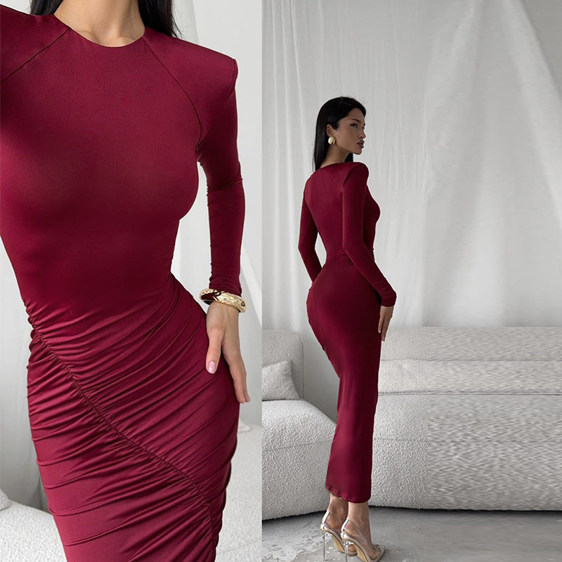 Women's Long Sleeve Gathered Dress with Elegant Cut and Figure-Shaping Details