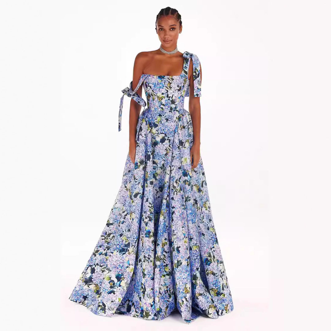 Women's Elegant Maxi Dress with Off-Shoulder Straps and Floral Print