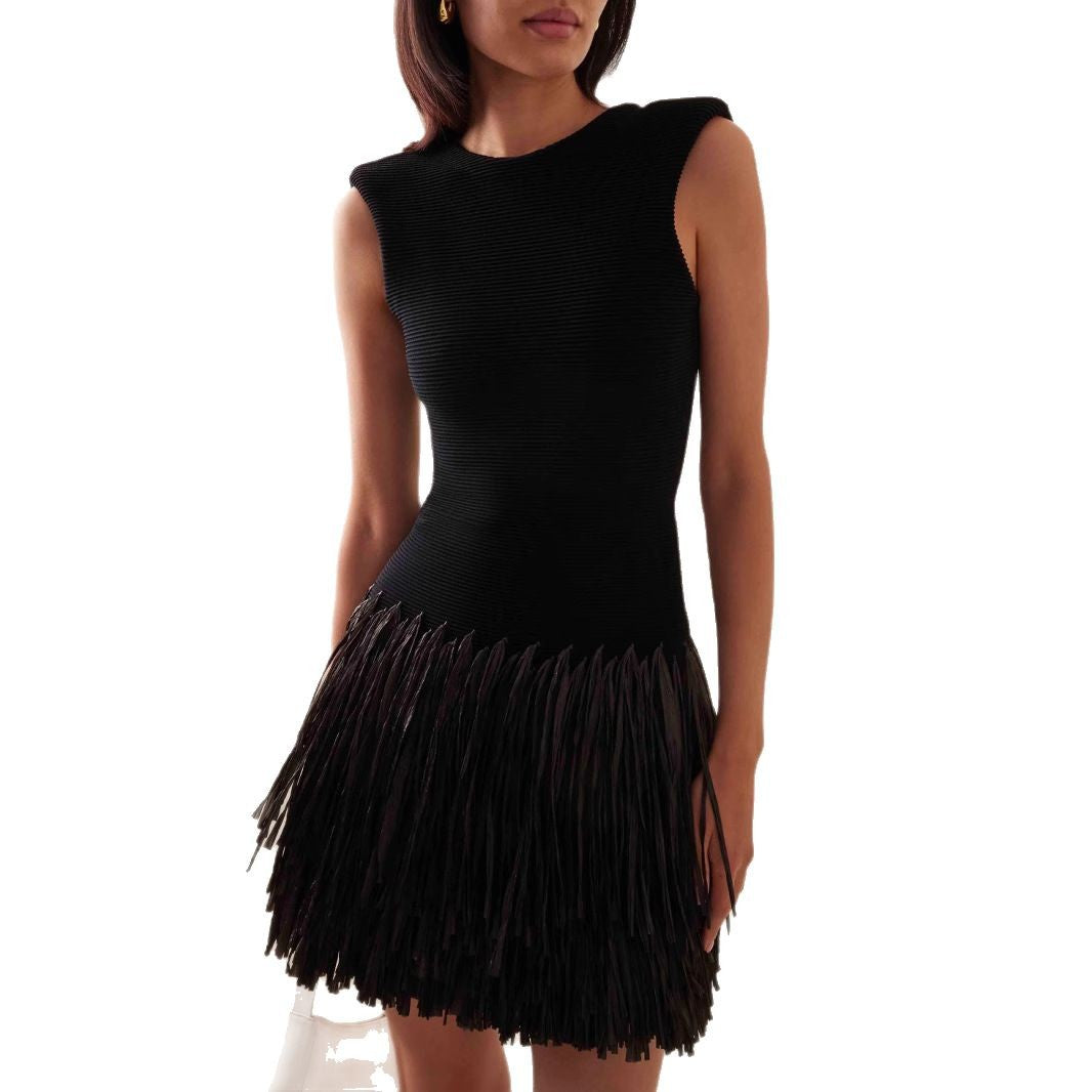 Women's Form-fitting Mini Dress with Fringe and Round Neckline Lisslune