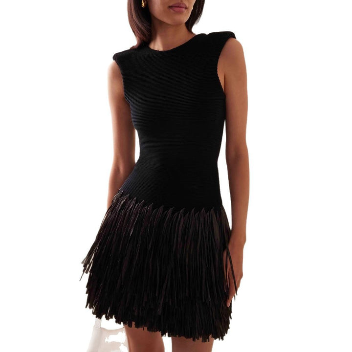Women's Form-fitting Mini Dress with Fringe and Round Neckline Lisslune