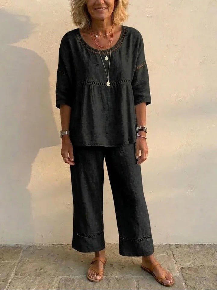 Women's Complete Linen Loungewear Suit with Airy Fit and Lace Accents Lisslune
