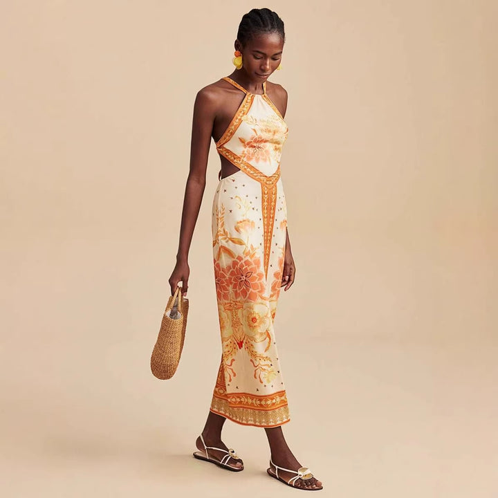 Women's maxi dress with exclusive halter design and floral print