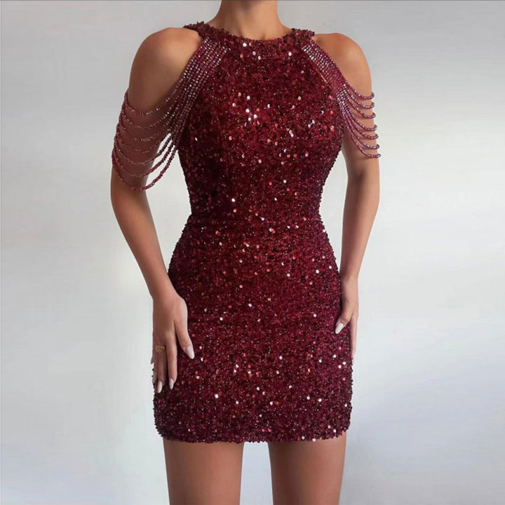 Women's mini dress with shiny sequin embellishment and elegant chain sleeves Lisslune
