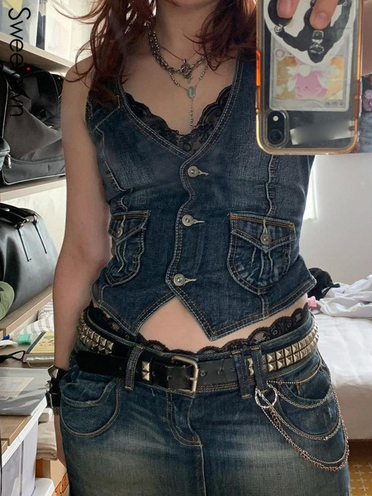 Women's denim bustier jacket with nostalgic lace inserts and decorative button details Lisslune