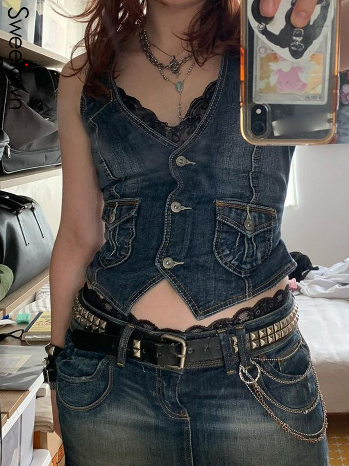 Women's denim bustier jacket with nostalgic lace inserts and decorative button details Lisslune