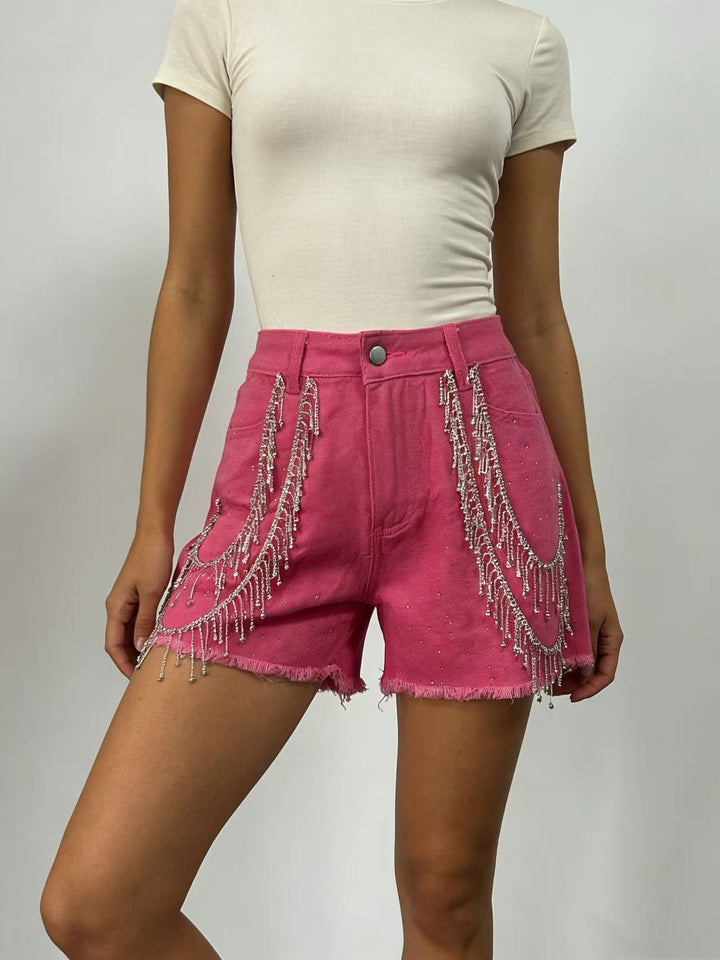 Women's Designer Denim Shorts with Trendy Chain Embellishments Lisslune