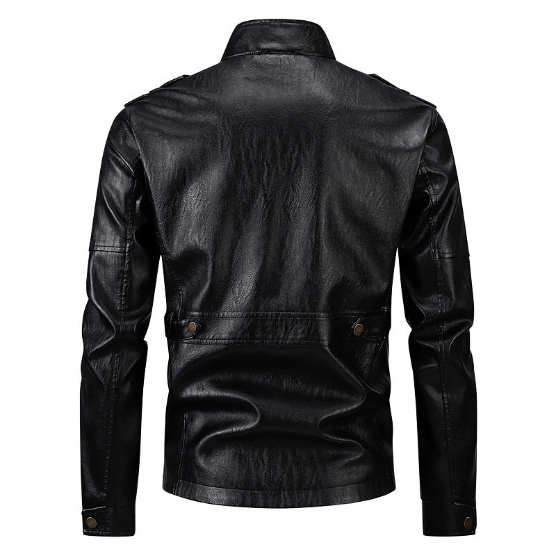 Men's synthetic leather jacket with practical pockets and modern stand-up collar Lisslune