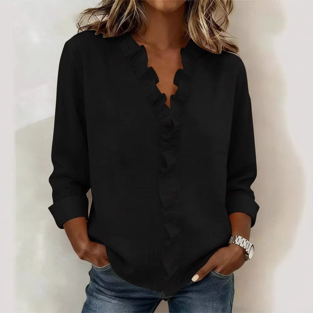 Women romantic blouse with ruffle details and V-neck Lisslune