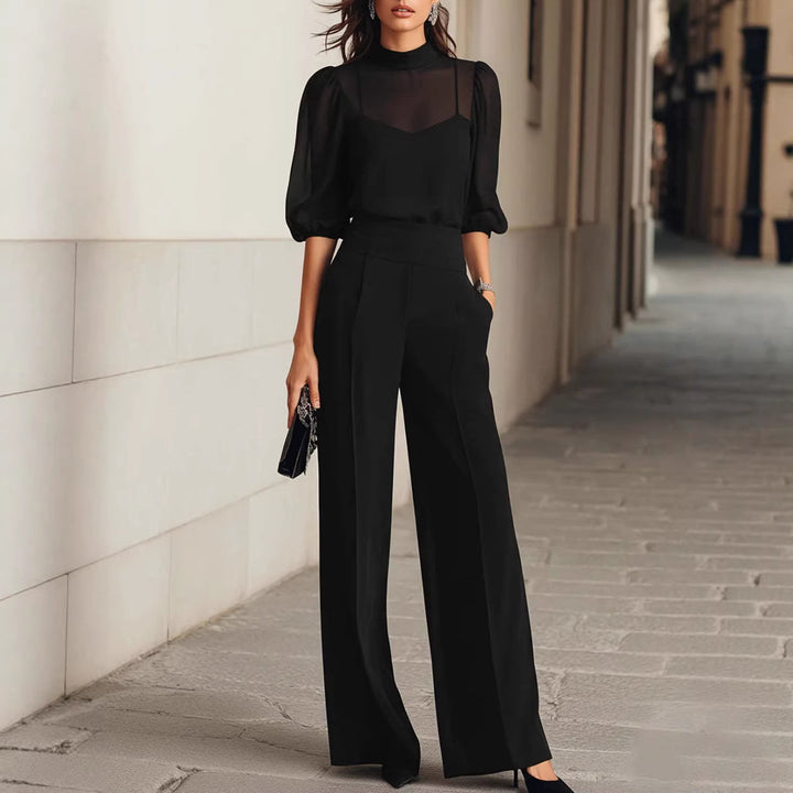 Damen elegantes Blusenset mit weiten Beinen und transparenten Ärmeln Lisslune