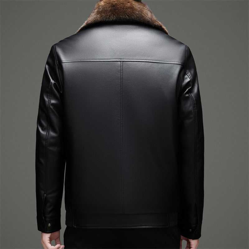 Men's Stylish Synthetic Leather Jacket with Warm Synthetic Fur Collar Lisslune