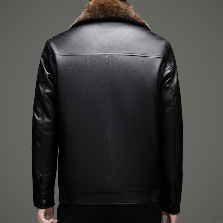 Men's Stylish Synthetic Leather Jacket with Warm Synthetic Fur Collar Lisslune